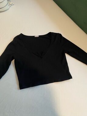 Garage Black Ribbed V-Neck Long Sleeve Top